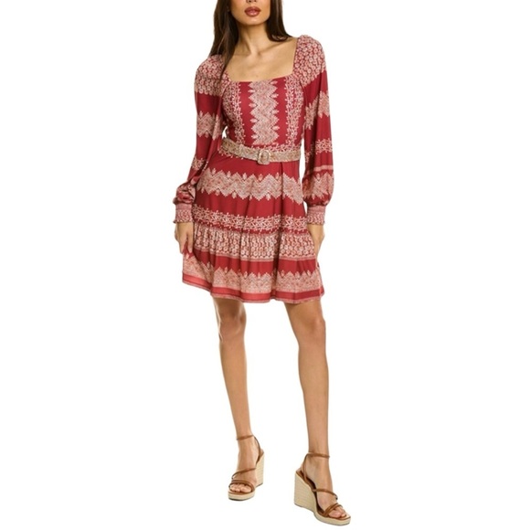 NEW Hale Bob Women's Grazia Jersey Mini Dress Red Print Belted Balloon Sleeve M - Picture 1 of 9